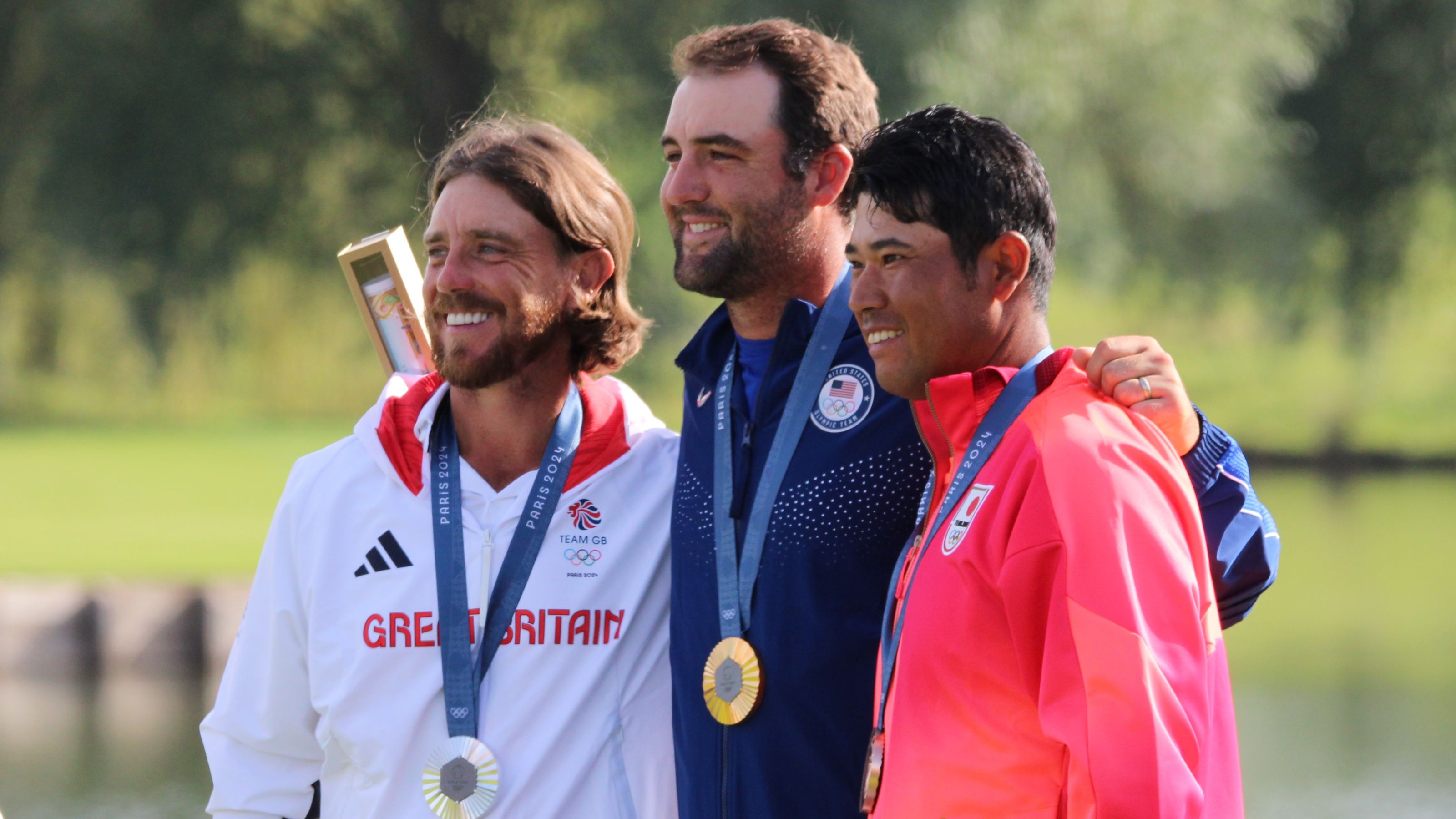 Das Podium des Olympischen Herrenturniers mit Fleetwood, Scheffler und Matsuyama © DGV/Kirmaier