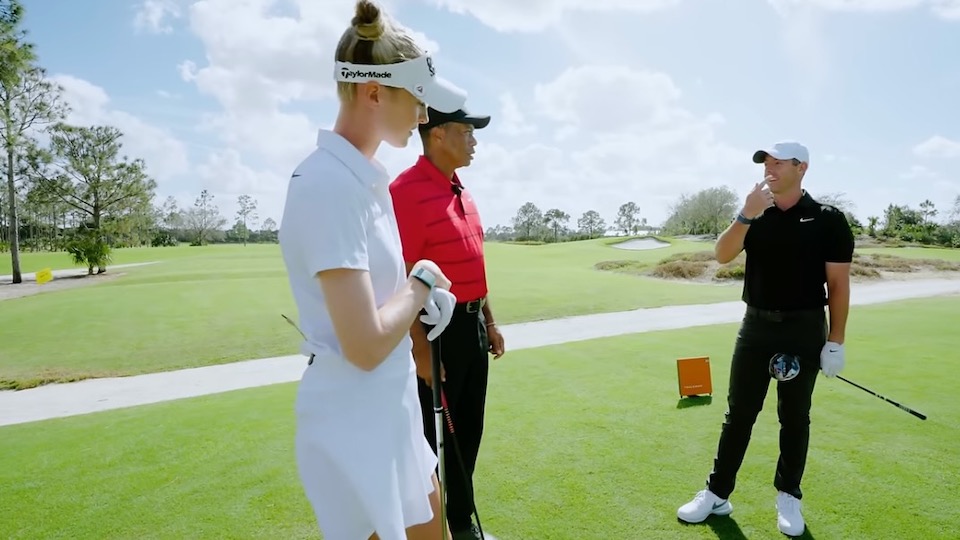 Stars im Talk: Nelly Korda, Tiger Woods, Rory McIlroy (v.l.)