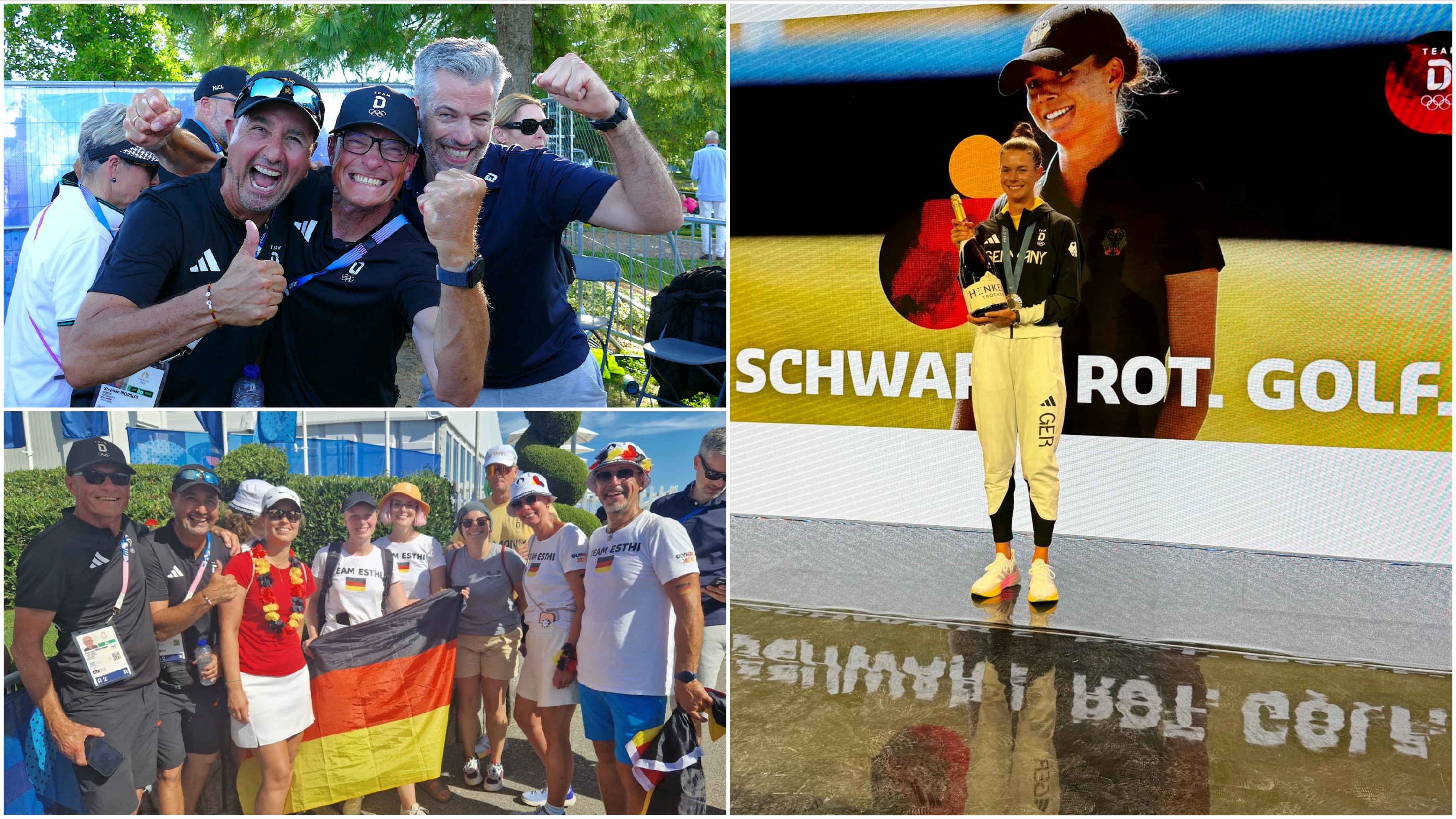 Spätnachts wurde Esther Henseleit noch im Deutschen Haus in Paris empfangen und gefeiert (r.). Mit ihr freuten sich Fans, Freunde und Familie (links unten) sowie Bundestrainer Stephan Morales, DGV-Sportvorstand Marcus Neumann und Manager Christian Reimbold (links oben). © DGV