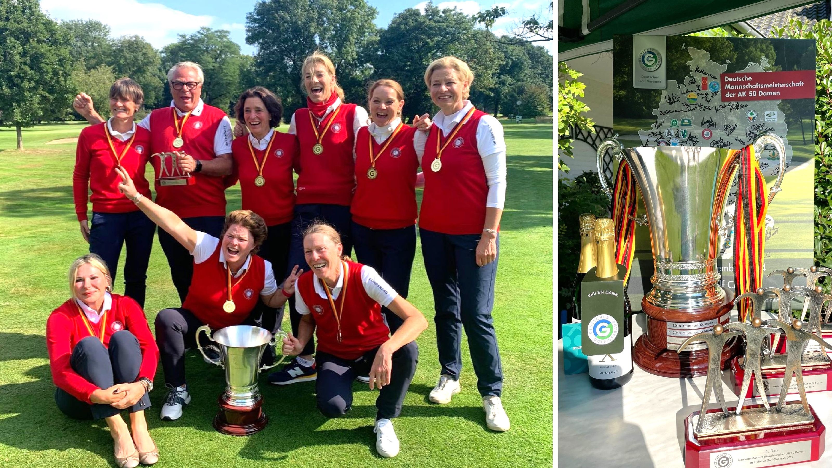 Heimsieg: Krefelds Damen 50 gewinnen die Deutsche Mannschaftsmeisterschaft zu Hause im Finale gegen Berlin und freuen sich über den Pott, den sie zum ersten Mal holen. © Langer Sport Marketing/Thomas Edler