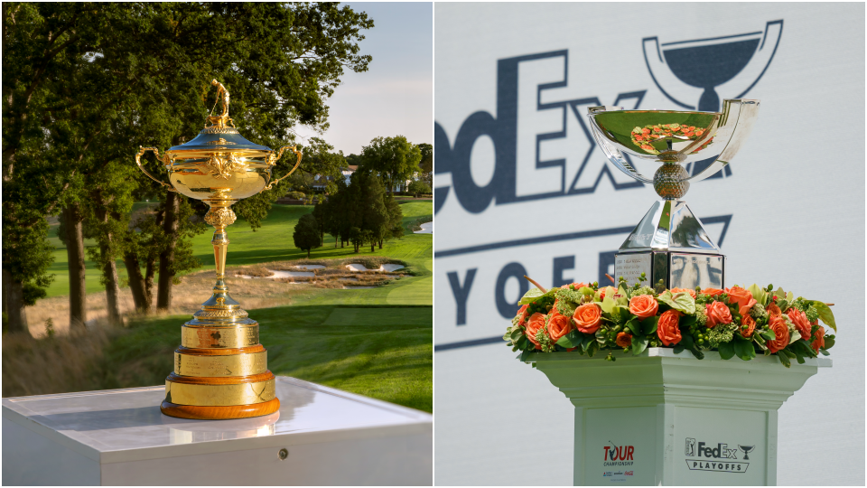 Links der Ryder Cup, rechts der FedExCup. Beide Pokale sind in dieser Woche Thema.